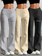 European and American Spring/Summer New Fashion Women's Bottoms: Flared Straight-Leg Pants with Classic English Text Print, Daily Casual Butt-Lifting Peach Butt Long Pants, Three-Piece Set