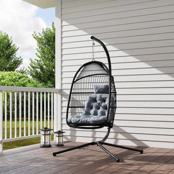 Rattan Hanging Egg Chair with Stand, Foldable Wicker Swing Egg Chair with Cushion, Head Pillow, Steel Frame, Hammock Chair for Indoor Outdoor, Capacity 150 kg, Dark Grey