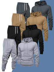8pcs Men'S Hooded Sweatshirt + Sweatpants Autumn And Spring Casual Sports Suit Solid Color Plain Pullover Regular Long Sleeve Hoodie And Drawstring Elastic Waist Ribbed Ankle Pants