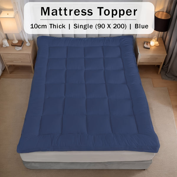 10cm Hotel Quality Mattress Topper | Super Soft with 1000GSM Hollowfiber Filling | Elasticized Corner Straps | White Blue Grey | Single, Small Double (4ft), Double, King, Super King Size