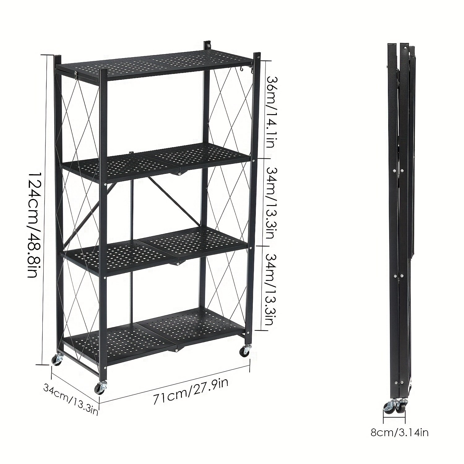 4 Tier Foldable Storage Shelf | Heavy Duty Collapsible Metal Shelf Rack with Wheels, Extra Thick Frame, No Assembly Required, Suitable for Kitchen, Pantry, Closet, Office, Bathroom, Garage Organize, Standing Shelf