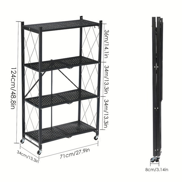 4 Tier Foldable Storage Shelf | Heavy Duty Collapsible Metal Shelf Rack with Wheels, Extra Thick Frame, No Assembly Required, Suitable for Kitchen, Pantry, Closet, Office, Bathroom, Garage Organize, Standing Shelf