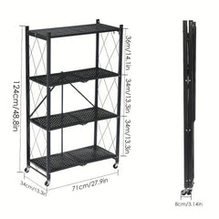 4 Tier Foldable Storage Shelf | Heavy Duty Collapsible Metal Shelf Rack with Wheels, Extra Thick Frame, No Assembly Required, Suitable for Kitchen, Pantry, Closet, Office, Bathroom, Garage Organize, Standing Shelf