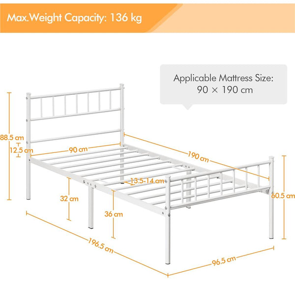 Costoffs Metal Bed Frame, Single/Double Size Bed Platform with Slatted Headboard and Footboard, Solid Slat Support, Large Storage Space, Easy Assembly Bed, Modern Mattress Foundation, Black/White/Pink/Silver