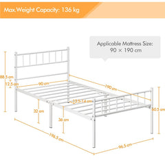 Costoffs Metal Bed Frame, Single/Double Size Bed Platform with Slatted Headboard and Footboard, Solid Slat Support, Large Storage Space, Easy Assembly Bed, Modern Mattress Foundation, Black/White/Pink/Silver