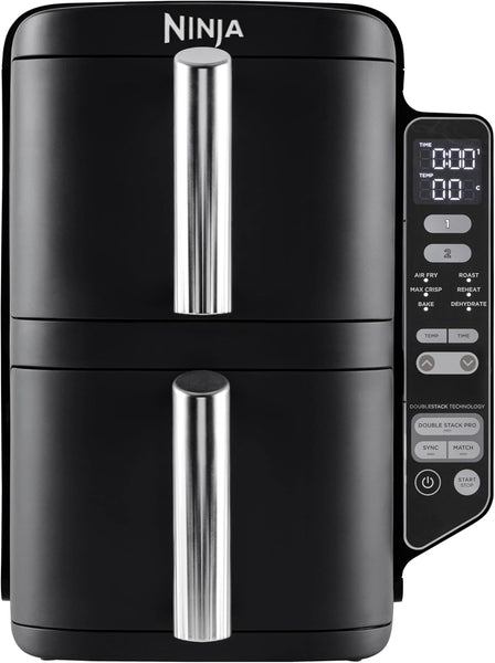 Ninja Foodi Dual Zone Digital Air Fryer, 2 Drawers, 7.6L, 6-In-1, Uses No Oil, Air Fry, Max Crisp, Roast, Bake, Reheat, Dehydrate, Cooks 4-6 Portions, Non-Stick, Dishwasher Safe Baskets, Black AF300UK