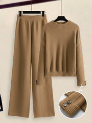 Women's 2pcs Set with Side Stripe| Crewneck Sweater & Relaxed Fit Straight Leg Pants| Soft Loungewear for Spring Autumn | European Casual Y Style