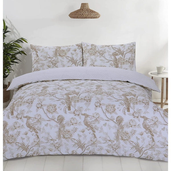 Night Comfort Eco Breathable Duvet Cover with Pillowcases | 100% Polycotton Percale Exclusive Chinoiserie Birds - Gold Design | Machine Washable and Non-Allergenic Bedding Set