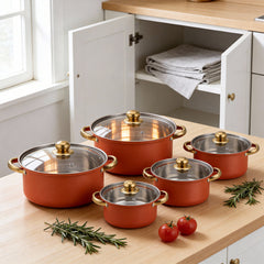 Stainless Steel Soup Pot Set (10PCS), Multi-Purpose Household Milk and Soup Pots, Multiple Sizes for Daily Cooking, Hot Pot and Noodles, Gold-Plated Handle, Orange