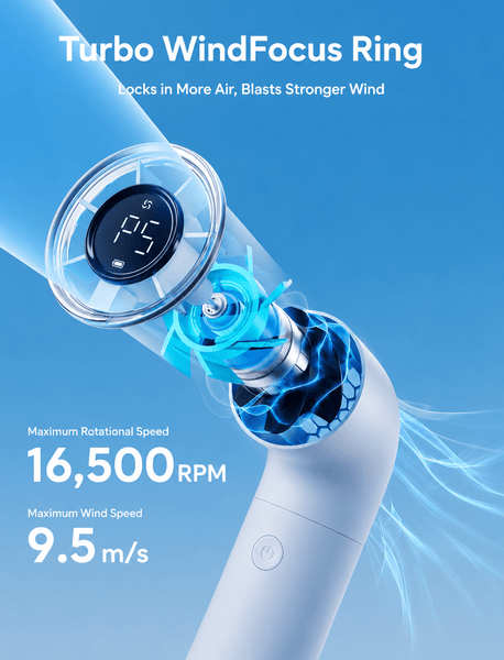 Portable Handheld Fan Turbo Mini 16500 RPM High Speed 5 Speeds Rechargeable Personal Travel - Blue PH02-A