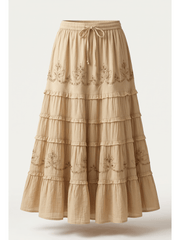 Women’s Vacation Tiered Maxi Skirt Elastic Waist Floral Embroidery Ruffle Hem - 20001