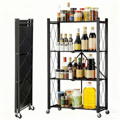 4 Tier Foldable Storage Shelf | Heavy Duty Collapsible Metal Shelf Rack with Wheels, Extra Thick Frame, No Assembly Required, Suitable for Kitchen, Pantry, Closet, Office, Bathroom, Garage Organize, Standing Shelf