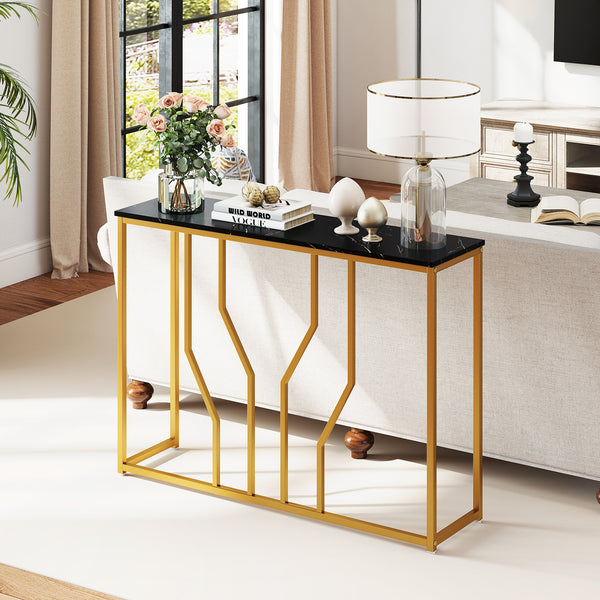 GYMAX Gold Console Table, 110 cm Modern White Entryway Table with Faux Marble Tabletop, Geometric Metal Frame, Narrow Behind Sofa Table Foyer Table for Living Room, Hallway, Entrance, Black