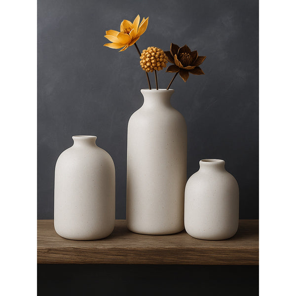 Set of 3 Small Ceramic Vases for Home Decor Table Centrepieces Rustic Farmhouse Style, Mini Decorative Vases (White)