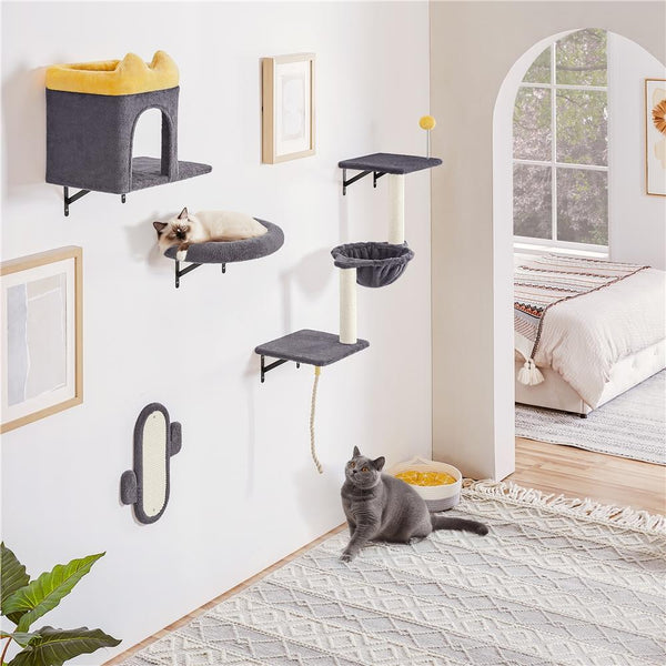 Costoffs Cat Tree Wall-Mounted Cat Furniture, Cat Wall Shelves & Perches, Climbing Shelves, Indoor Cat Tower, Wall-Mounted Cat Climbing Tree Set with Condos, Baskets & Scratching Posts, Space-Saving Cat Wall Furniture for Indoor Cats, Beige/Dark Gray