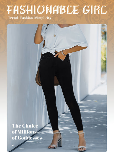 CY038 - Women's High-Waisted Stretch Street Style Solid Color Slim-Fit Fashion Metal Button Detail Casual Jeans