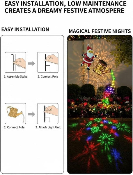 Solar Santa Claus Watering Can Lights, Santa Kettle Ground Lamp Solar LED Night Light, Hanging Metal Santas Claus Watering Can for Patio Lawn Xmas Decor, Courtyard, Pond, Walkway