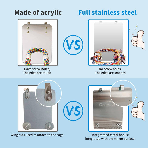 Colorday 9 Inch Stainless Steel Bird Mirror with Rope Perch, Bird Toys Swing, Comfy Perch for African Grey Parakeet Cockatiel Conure Lovebird Finch Canaries