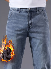 Vintage Men's -Lined Thickened Loose Straight-Leg Jeans - 092+1# Autumn/Winter New Style, Simple and Versatile with Slight Stretch