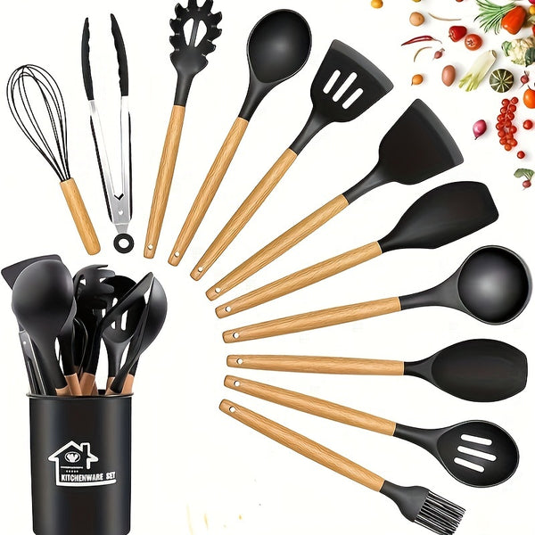 12pcs/22pcs Kitchen Utensils Set, Kitchen Cooking Utensils Set, Spoon, Spatula, 446F Heat Resistant Non Stick Food Grade Silicone And Wooden Handles, Kitchen Tools Set