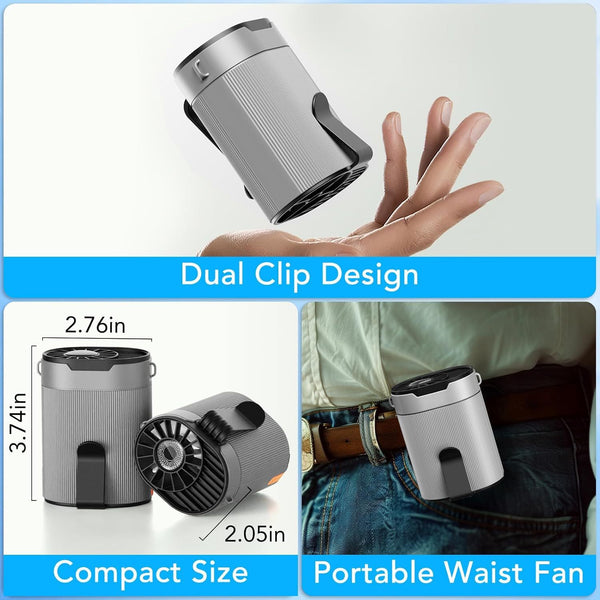 COZOME Portable Waist Fan with 4-Speed Settings, Dual Clip Design, Hands-Free Neck Hanging Fan for Outdoor Activities