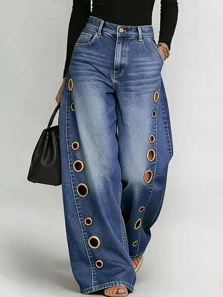 New Retro Style Denim Jeans for Women, with Metal Eyelets Designed for Casual And Loose Fit, High Waisted And Wide Leg Jeans, Street Cool Women'S Clothing, Black Retro Blue Light Blue Women'S Straight Leg Denim Pants