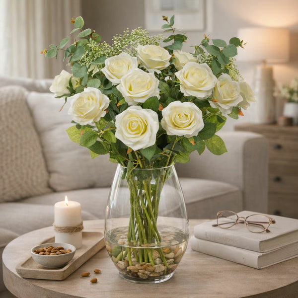 Artificial Roses in Glass Vase in 2 Colours