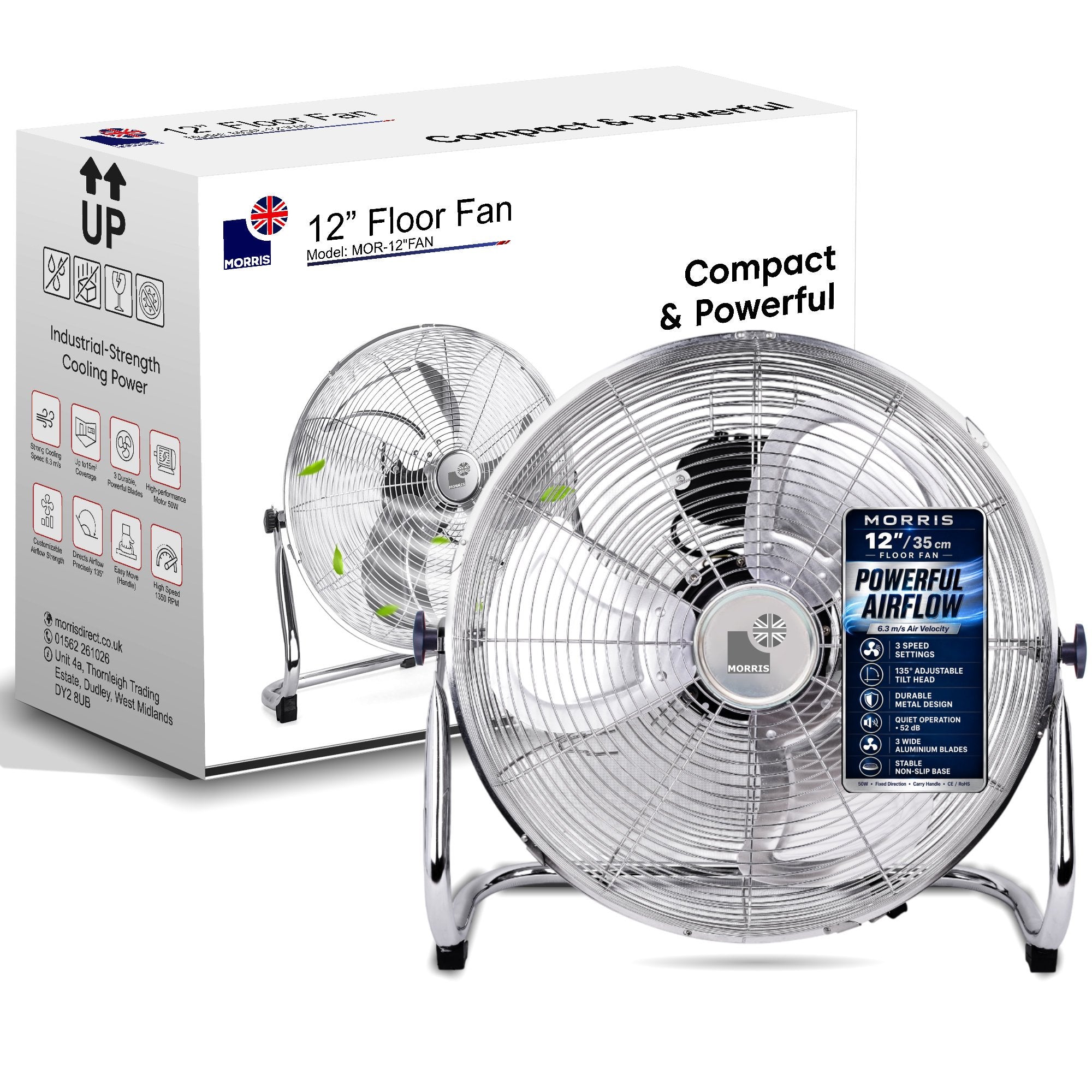 Morris Floor Fan 12 Inch Strong Airflow 3 Speeds Aluminium Blades Tilt Head 135° Portable Compact Fan for Bedroom Office Home Silver