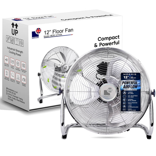 Morris Floor Fan 12 Inch Strong Airflow 3 Speeds Aluminium Blades Tilt Head 135° Portable Compact Fan for Bedroom Office Home Silver