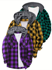 3pcs Men's New York Fashion Trendy Plaid Shirt Hooded Plaid Sweatshirt Flannel Hoodie