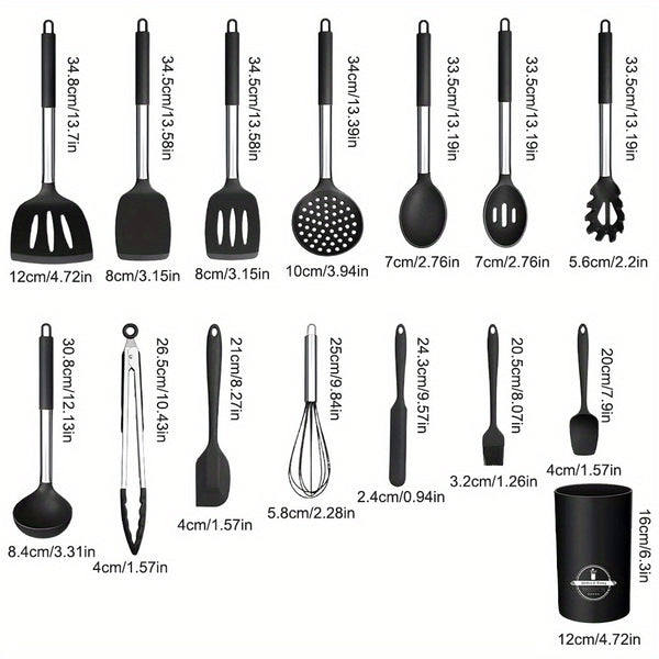 15pcs Silicone Kitchen Utensil Set with Wooden Handles - Non-Stick, Includes Stainless Steel Grater & Bottle Opener, Perfect for Cooking, Baking & Holiday Celebrations.