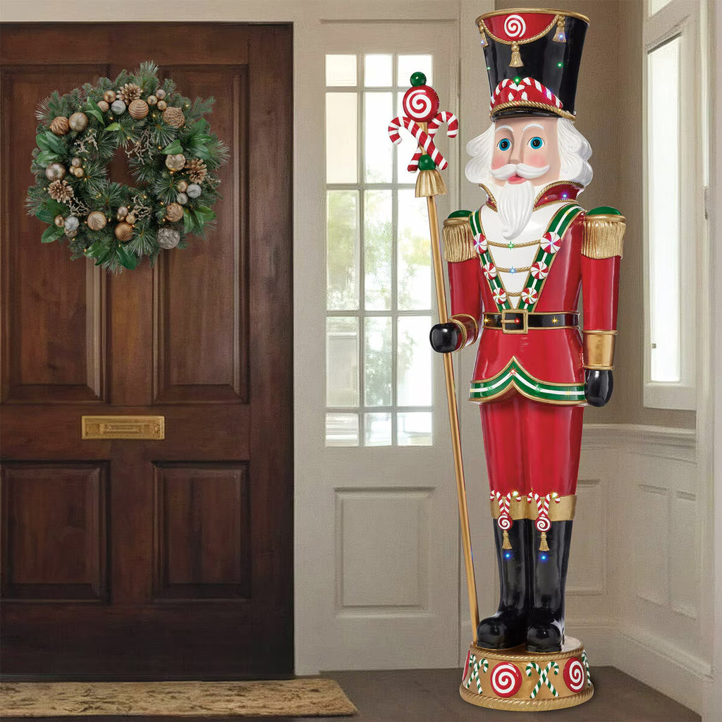 8Ft Pre-Lit Resin Candy Cane Nutcracker with 42 Colour LED and Music