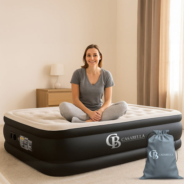 Casabella Air Bed - Airbed with Built-in Electric Air Pump, 3 Min Self-Inflating/Deflating Single Air Mattress with Flocked Surface, Portable Blow Up Mattress for Home, Camping & Guests (99x190+46cm)