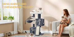 98cm Cat Tree, Cat Tower for Indoor Cats, Multi-Level Cats House Furniture with Scratching Post, 2 Caves, Large Platform, Scratching Ramp, Pompom, Light Grey