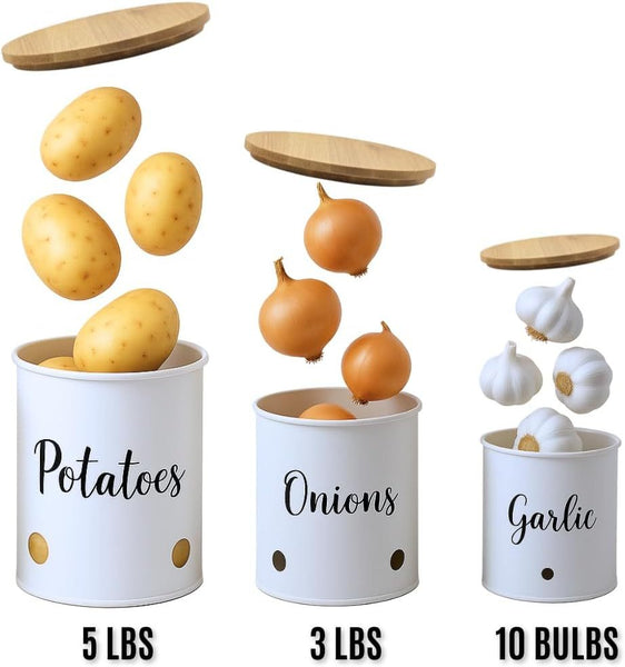 3 Pack Vegetable Storage Tins – Stackable White Round Metal Canisters for Potato, Onion & Garlic – Kitchen Pantry Organizer Jars with Bamboo Lids & Air Vents – Cylindrical Fresh Keeper Caddies
