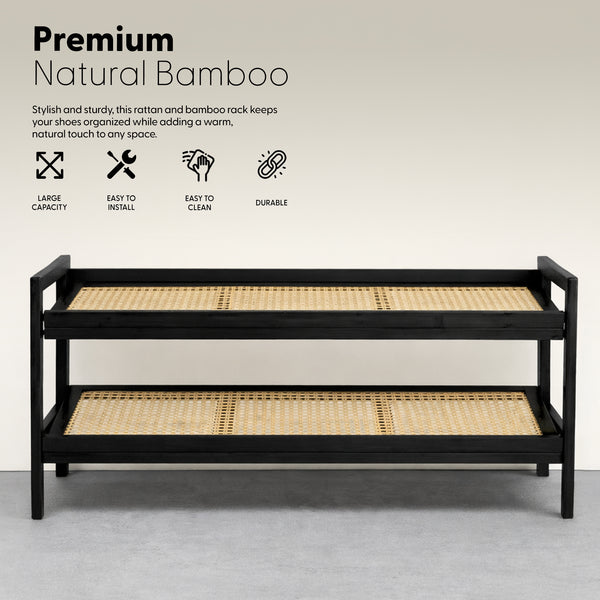 KEPLIN 2/3/4-Tier Bamboo and Rattan Shoe Rack Organizer – Durable, Easy Assembly – Compact Design for Entryway, Closet, or Hallway – Stylish and Functional Storage – Black and Natural