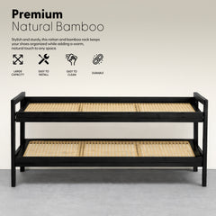 KEPLIN 2/3/4-Tier Bamboo and Rattan Shoe Rack Organizer – Durable, Easy Assembly – Compact Design for Entryway, Closet, or Hallway – Stylish and Functional Storage – Black and Natural