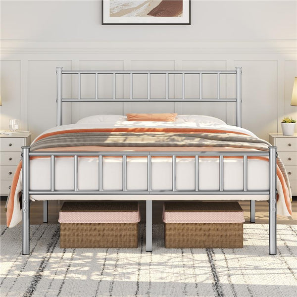 Costoffs Metal Bed Frame, Single/Double Size Bed Platform with Slatted Headboard and Footboard, Solid Slat Support, Large Storage Space, Easy Assembly Bed, Modern Mattress Foundation, Black/White/Pink/Silver