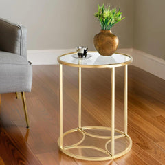 Gold Round Coffee Table with Glass Top – Modern Side Table for Living Room or Entryway