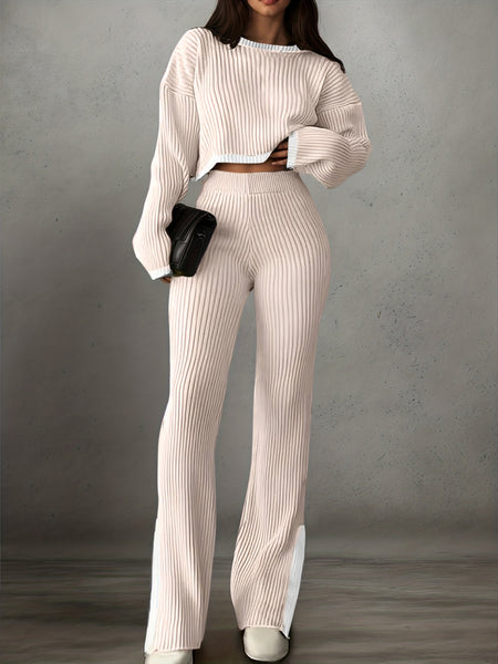 Women'S Short Color-Blocked Long-Sleeve Top with Solid Color Pants, a Casual And Stylish Outfit for Christmas