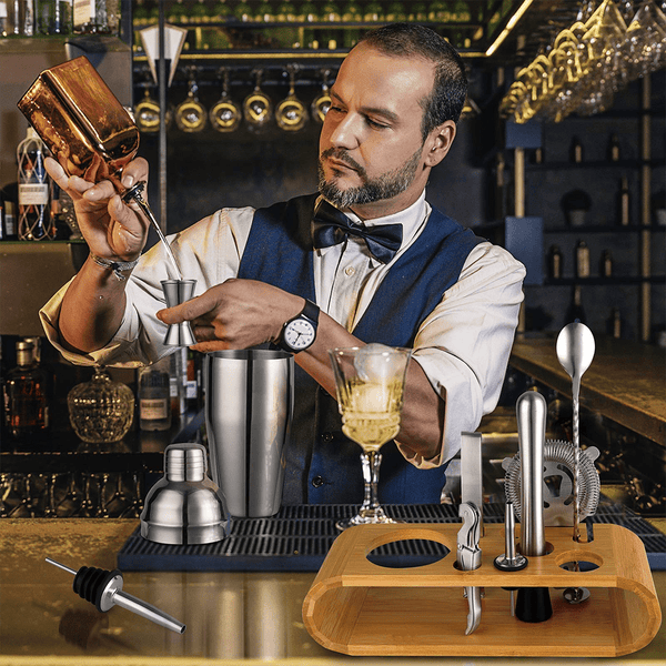 Mixology Bartender Kit - 10-Piece Bar Tool Set with Wooden Stand | Perfect Home Bartending Kit and Martini Cocktail Shaker Set for Housewarming Gift,Home Bar, Party Bar, Bar Cart Decor