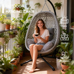 Garden Patio Swing Hanging Chair Hammock With Steel Stand Cushion Rattan Folded Dark Grey