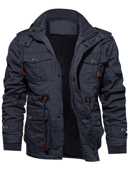 Men'S Fleece Jacket Casual Warm Hooded Windproof Outerwear Fleece Jacket Hooded Multi-Pocket Utility Jacket