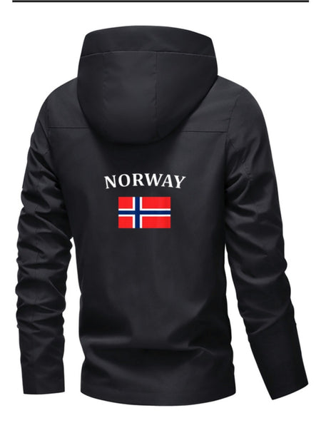 Men'S & Women'S Windproof Jacket with Norway Flag Print - All-Season Outdoor Windbreaker, Full-Zip Hooded Coat with Zippered Pockets, Machine Washable Polyester for Hiking, Camping, Travel - Beige/White Color Scheme, Hiking Gear, Casual Outerwear