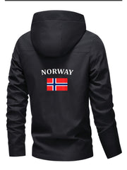 Men'S & Women'S Windproof Jacket with Norway Flag Print - All-Season Outdoor Windbreaker, Full-Zip Hooded Coat with Zippered Pockets, Machine Washable Polyester for Hiking, Camping, Travel - Beige/White Color Scheme, Hiking Gear, Casual Outerwear