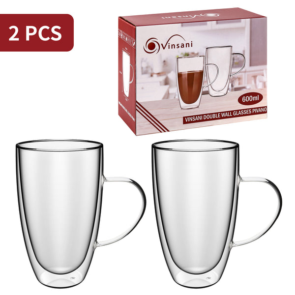 Vinsani Double Walled Coffee Drink Glasses Tea Cup Mug Heat Cold Resistant Aesthetic Clear Borosilicate Glass with Handle Cappuccino Latte Tea Dessert Hot and Cold Drinks