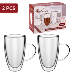Vinsani Double Walled Coffee Drink Glasses Tea Cup Mug Heat Cold Resistant Aesthetic Clear Borosilicate Glass with Handle Cappuccino Latte Tea Dessert Hot and Cold Drinks