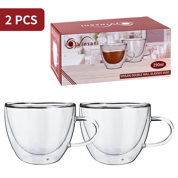 Vinsani Double Walled Coffee Drink Glasses Tea Cup Mug Heat Cold Resistant Aesthetic Clear Borosilicate Glass with Handle Cappuccino Latte Tea Dessert Hot and Cold Drinks