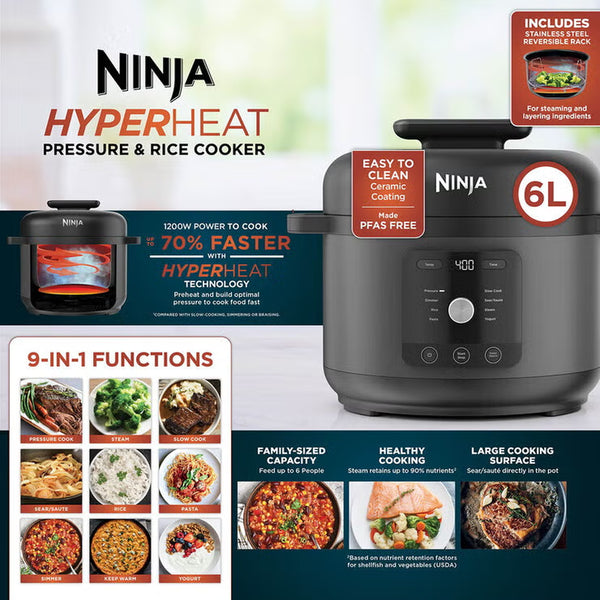 Ninja PC201UK Hyperheat 6L 9-In-1 Pressure & Rice Cooker in Black