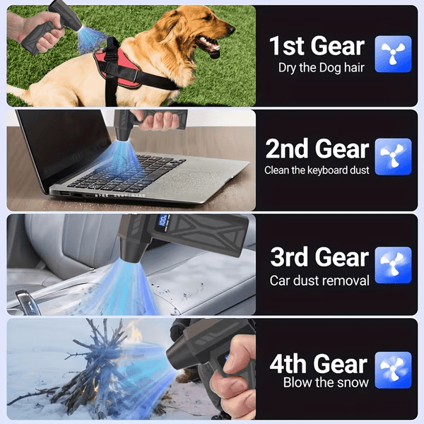 Turbine fan with 140000 revolutions per minute powerful blowing -4-speed speed regulation, multi head nozzle, LED light, suitable for car snow removal, computer dust removal, grill cleaning, outdoor camping, and home ventilation maintenance, wireless port